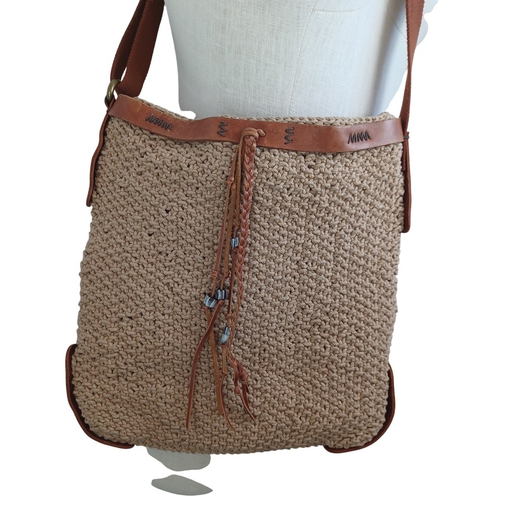 Lucky Brand Tan Jute Leather Trim Crossbody Messenger Bag Boho Beaded Tassel